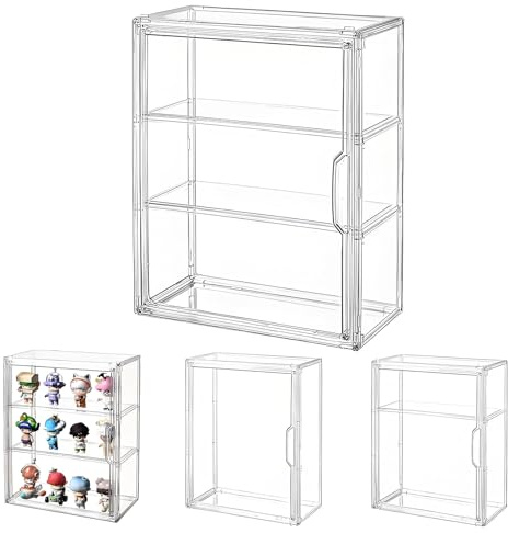 Acryl Vitrine Schaukasten mit 2 Abnehmbaren Fachböden, 3 Stufen Vitrine Transparent, Staubdichte Sammlervitrine für Sammelfiguren, Modellautos & Blind Box (36x27x14cm)