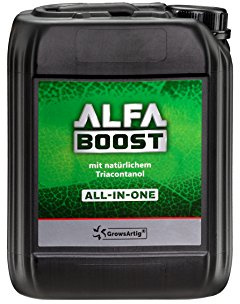 Growsartig ALFA Boost All-IN-ONE Pflanzen-Booster mit Triacontanol 5 Liter. Für Blüte, Wachstum und Bewurzelung. Steigert den Ertrag. Biozertifiziert.