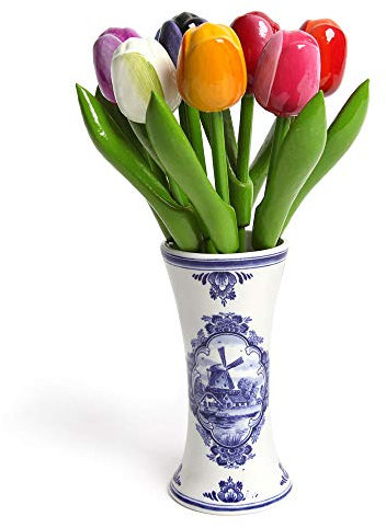 Hochwertiger Bouquet di tulipani in legno in un vaso olandese, 9 tulipani in legno, altezza 21 cm, con vaso, dipinto a mano, bouquet, decorazione, regalo da donna, prodotto in Olanda