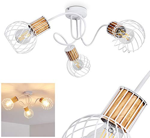 Deckenleuchte Koler, Deckenlampe aus Metall/Holzoptik in Weiß/Braun, 3-flammig, mit verstellbaren Strahlern, 3 x E27-Fassung, Spot im Retro/Vintage Design in Gitter-Optik, ohne Leuchtmittel
