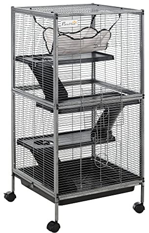 PawHut Cage pour Petits Animaux Portable à 4 Niveaux Cage Chinchilla Cage Furet avec roulettes, 2 Portes, 3 Rampes, Hamac et Plateau Amovible, 52 x 52 x 113,5 cm Gris
