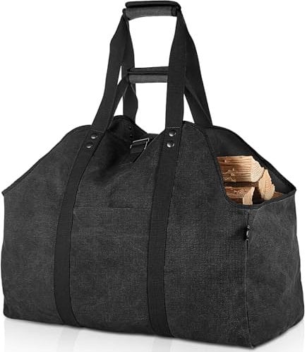 BONTHEE Extra Großer Kaminholzträger Holzkorb Brennholztasche Tragetasche aus Segeltuch mit 2 Griffe - Schwarz