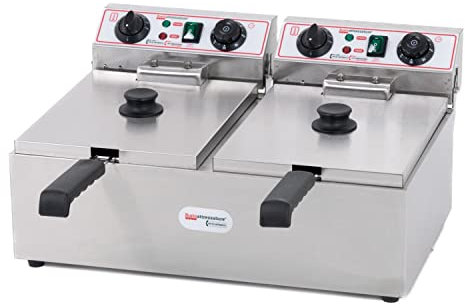 Ristoattrezzature Friggitrice Elettrica Doppia Vasca, Professionale in Acciaio Inox - 10+10 Litri, Capacità Olio 6+6 Litri