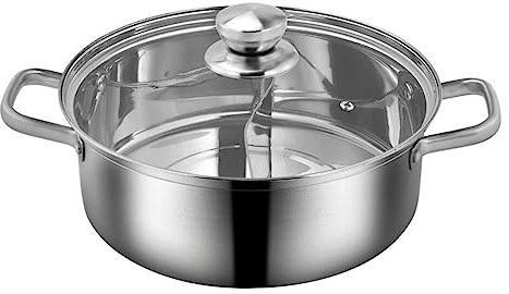 Stainless Steel Shabu Pot with Divider, Divided Hotpot with Glass Lid for Induction Cooktop, Gas Stove & Hot Burner, 28cm