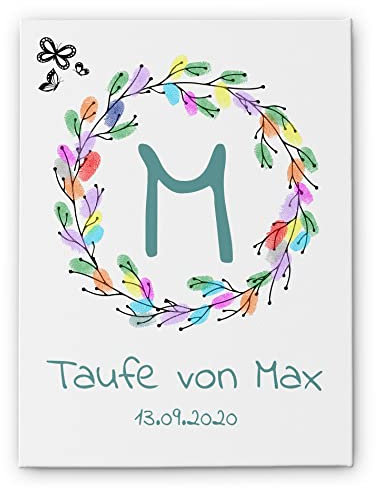 CHRISCK design Leinwand Taufe Fingerabdruck - Fingerabdrücke Gästebuch mit Blumenkranz für Geburt Geburtstag Babyparty - mit Namen & Wunschtext - Geschenk Baby Mädchen Junge