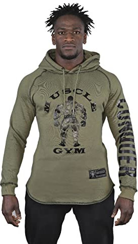 Mens Workout Hoodie- Long Sleeve Fitness Gym Pullover Shirt with Hood- Athletic Long Hooded Sweatshirt for Running Exercise (Medium, Olive Green)
