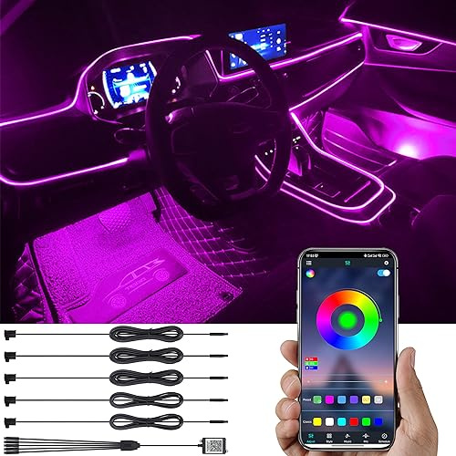 TABEN Auto Umgebungsbeleuchtung Kit 6m Glasfaser 64 Farben Bluetooth APP Steuerung USB Auto Atmosphäre Licht, DIY 16 Millionen RGB Mehrfarbig Sound Musik Sync Auto Innenbeleuchtung DC 12V