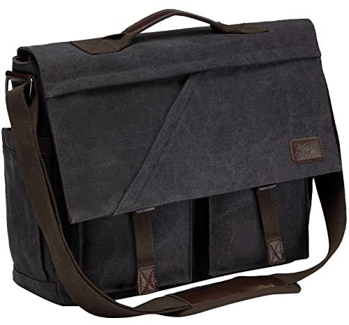 Kasgo Messenger Bags for Men, Water-Resistant Canvas Laptop Satchel 17 inch Vintage Mens Shoulder Bag Briefcase with Padded Shoulder Strap and Luggage Sleeve