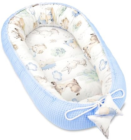 Babynest Neugeborene Nestchen Baby 90x50 cm - Kokon Handmade zweiseitig aus Baumwolle Waffel mit Babynestchen Tiere Blau