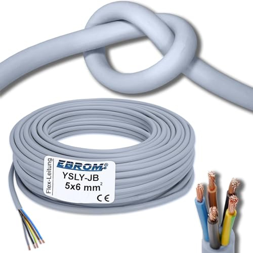 EBROM Flexibles YSLY-JB 5x6 mm² Verlegekabel grau für Ladestation - 25 m | 5m bis 70m, sehr flexibel E-Auto Ladebox Wandladestation Stromversorgung 5x6 mm2 - Adern: braun blau schwarz grau grün/gelb