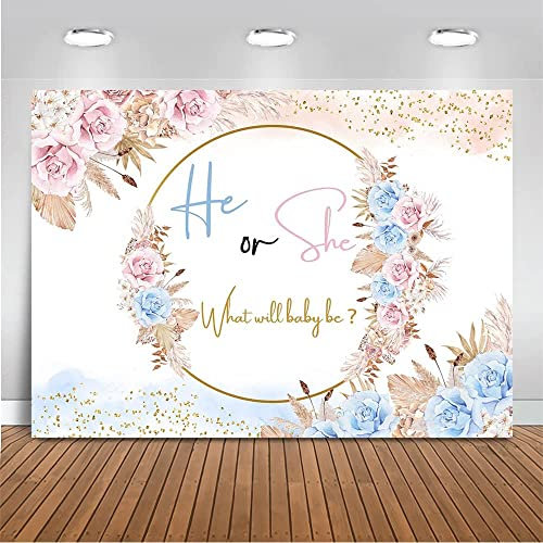 Avezano Boho Gender Reveal Hintergrund Rosa oder Blau Pampasgras Geschlecht Offenbarung Party Dekoration Bohemian He or She Baby Shower Kuchen Tisch Banner (2,4 x 1,8 m)