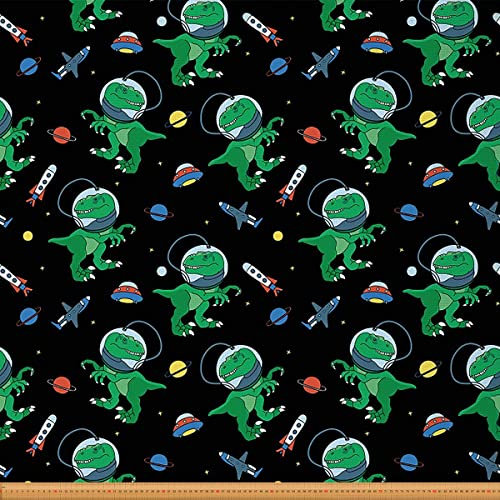 Loussiesd Astronaut Dinosaurier Stoff von The Yard Weltraum Adventure Polsterstoff für Stühle Sofa Couch Cosmonaut Universum Planets Draussen Stoff Wasserdicht Grün Schwarz 92x150cm