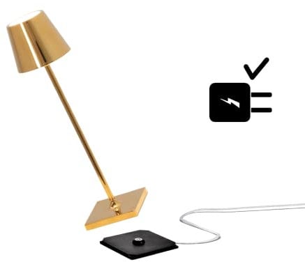Zafferano Poldina Pro Micro Kabellose LED-Tischlampe Wiederaufladbar 2200-2700-3000K, IP65 Innen/Außeneinsatz, Lange Lebensdauer, Aluminium, H27.5cm mit Mehrfach-USB-Ladegerät (EU/UK/US) - Gold