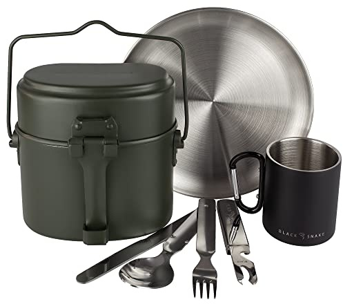 Black Snake® Kochgeschirr mit flachem Edelstahl Camping Teller und Besteck Plus Karabiner Haken Tasse