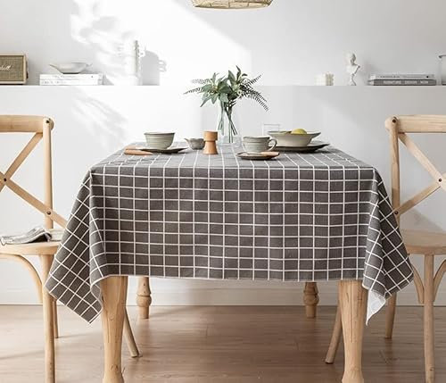 HeichkelL Tischdecke Abwaschbar Leinenoptik Tischtuch Kariert Rechteckig Tischdecke Grau ohne Quaste 90 x 140 cm