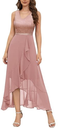 Berylove Paillettenkleid Kleid Festlich Damen Abendkleider Elegant für Hochzeit Party Kleider Damen Rosa Vorne Kurz Hinten Lang BLS0015 Blush XL