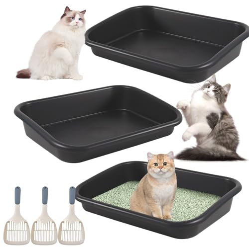 Bsenogou 3 Pcs Low Entry Senior Cat Litter Box with Scoop, Extra Large Black Plastic Modern Open Top Cat Litter Box for Senior, Disabled, or Elderly Cats