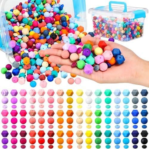 Hotop 1056 Pcs Multicolored Silicone Beads for Keychain Making, 12 mm, 14 mm, 15 mm Hexagonal, Round, Assorted Craft Beads for Jewelry Making, DIY Crafts Accessories