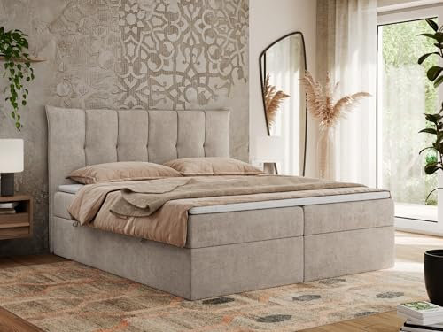 MKS MEBLE Boxspringbett 160x200 mit Bettkasten und Matratze H3, Polsterbett 160x200 mit Bettkasten, Bett 160x200 mit Stauraum und Topper - Premium-10 - Beige Struktur