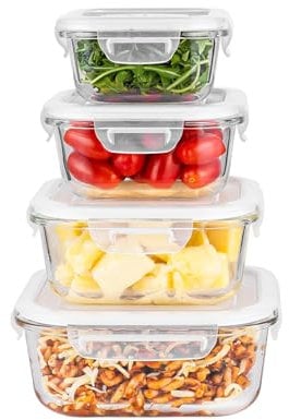 Innoteck Essentials 4pc Square Glass Storage Container Set with Snap Lock Lids - Watertight & Airtight Lids - Heat & Cold Resistant Glass - Microwave, Oven, Freeze & Dishwasher Safe - for Meal Prep