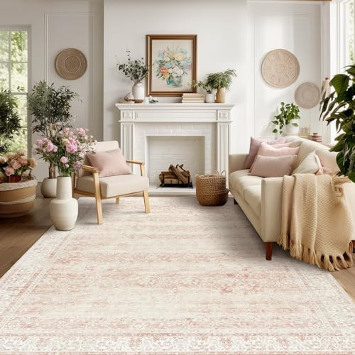 BILEEHOME Kinderzimmerteppich für Babys, Mädchen, neutrales Blassrosa, Boho-Blumenmuster, waschbar, weiche Kunstwolle, für Wohnzimmer, Schlafzimmer, 12,7 x 20,3 cm