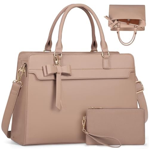RAINSMORE Handtasche Damen Shopper Damen Groß 15.6 Zoll Laptoptasche Damen Wasserdicht PU Leder Arbeitstasche Umhängetasche mit Geldbörse 2-teiliges Set für Business Arbeit Schule Khaki