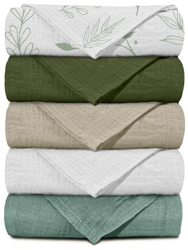 Muslin Receiving Blankets, Neutral Blanket Swaddling for Newborn Boys and Girls, 5 Pack Breathable and Skin-Friendly Swaddle Wrap for Infant Baby (Bright Leaves)