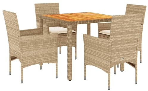 vidaXL Garten Essgruppe 5-TLG., Gartenmöbel Set mit Kissen, Gartengarnitur Tisch 4 Stühle, Lounge Sitzgruppe Sitzgarnitur, Beige Poly Rattan Akazie