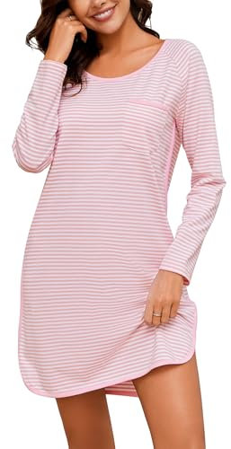Namatime Chemise de nuit à manches longues en coton pour femme - Col rond - Rayures - Chemise de nuit - Longueur genou, Rose + blanc., XL