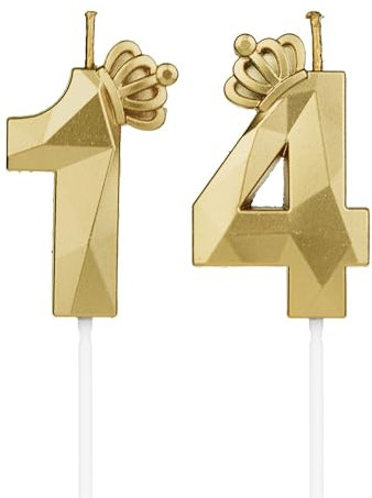 Geburtstagskerzen Zahlen 14 mit Krone，3D Kerzen Geburtstag für Kuchen geburtstagsdeko, Geburtstag Kerzen Zahlen, Geburtstagskerzen Kinder für Partys, Hochzeiten, Firmenfeiern, Jubiläen (Gold, #14)