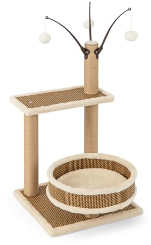 GYMAX Cat Tree, 80cm Cat Climbing Tower with Scratching Posts, Spacious Bed, 3 Hanging Ball Toys and Rattan Mat, Multi-level Kitten Play Center for Living Room Bedroom