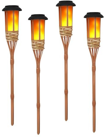 OUGPIU 4 Stück Blinkende Flamme Solar Licht, LED Bambus Gartenfackeln, Höhe 60cm Hawaii Deko Lampe, Wetterfest Solarlampen für Außen Garten Fackeln Wegbeleuchtung
