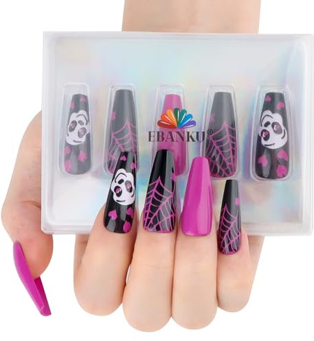 EBANKU Halloween 32Pcs Long Coffin Press On Nails French Tip Alomd Fake Nails with Cute Skull Spider Wed Pattern Designs Full Cover Glossy Acrylic Nails for Women