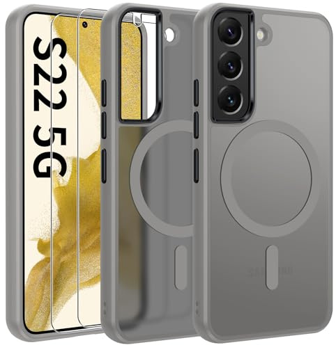 Opkiegrn Magnetisch für Samsung Galaxy S22 5G Hülle, Grau | 2x Schutzfolie, Kompatibel mit MagSafe, Vollständiger Kameraschutz, Stoßfest Dünn Durchscheinende Matt SchutzHülle