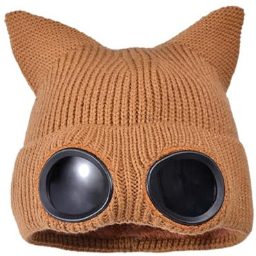 TAGVO Winter Strickmütze, Niedliche Katze-Ohren Mütze mit Fleecefutter, Winddichte Beanie für Outdoor-Aktivitäten wie Skifahren, Wandern und Radfahren