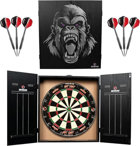 Ruthless Home Darts Center | Komplettes Home Dart Board Center inkl. Schrank, Dartscheibe und 2 Sets Dartpfeile (Gorilla)