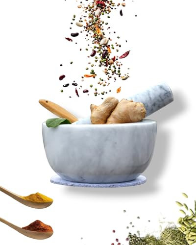 NOXO Marmor Mörser mit Stößel, Filzuntersetzer & Bambuslöffel (Ø 12cm, weiß) - polierter Marmor Mörser für Kräuter, Pfeffer, Pesto, Tabletten, Limetten, Knoblauch uvm. - Pestle and Mortar