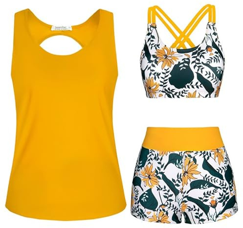 JASAMBAC Maillot De Bain Femme 3 PièCes Grande Taille Tankini Femme Imprimé Floral ContrôLe du Ventre Bikinis AthléTique Maillot De Bain Modeste Shorty