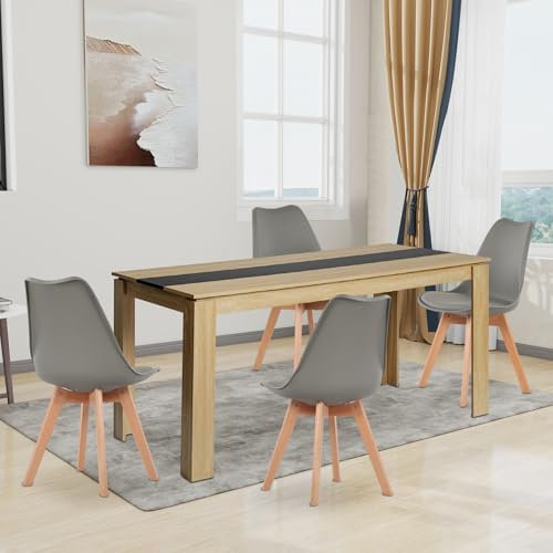 FURNITABLE Esstisch mit 4 Stühlen Esszimmergruppe, 4er Set Esszimmerstühle und 120CM Rechteckig Holztisch Essgruppe für Wohnzimmer Küche Büro (Eiche-Schwarz Tisch+4 Grau Stühle)