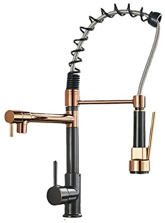 ASerZenith Kitchen Sink Faucet, Double Outlet Spring Kitchen Faucet with Pull Down Sprayer, Stainless Steel Single Handle Single Hole Kitchen Mixer Tap, Gilded B