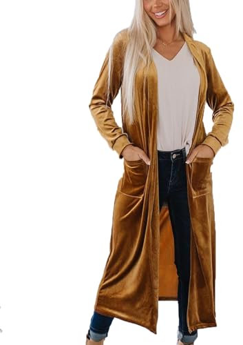 Suncolour Giacca lunga da donna in velluto lungo cardigan aperta davanti spolverino in velluto cappotto esterno
