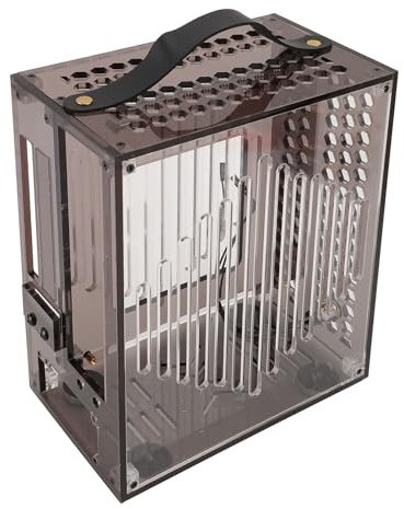 Mini Portable M-ATX/ITX Computer Case, 360 Degree Hollow Airflow, Full Side Glass DIY Desktop Case with Handle, 23x20.5x12cm, Very Compact (Black)