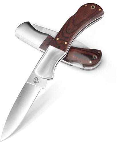 DRACHENADER Couteau de Poche, Couteau Pliant avec Verrouillage Arrière, Lame en Acier 440C, Manche en Bois – Idéal pour le Camping et la Randonnée