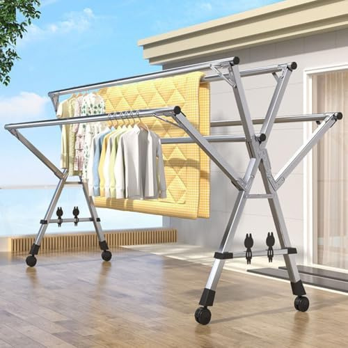 Wäscheständer Klappbar Platzsparend - Wäscheständer Ausziehbar Große Kapazität - Wäscheständer Groß XXL 5 Stangen für Bettlaken, Kleidung, Socken, Schuhe,with Wheels,2.4M/7.87FT