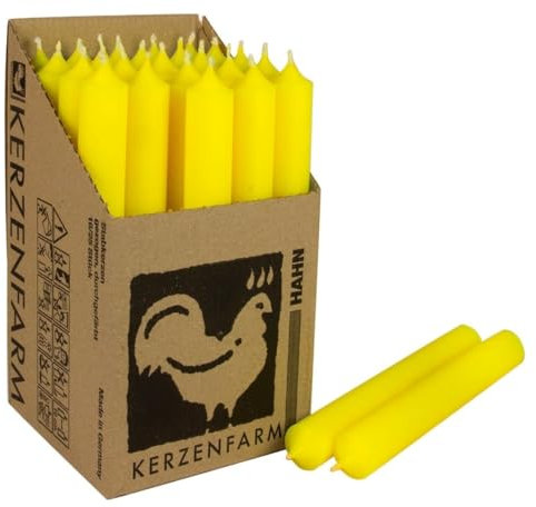 Stabkerzen Neon Gelb - Premium Qualität [Made in Germany] - 10 Spitzkerzen durchgehend gefärbt - 22mm Durchmesser, 18cm Höhe - Kerzenfarm Hahn - lange Brenndauer (8+ Stunden)