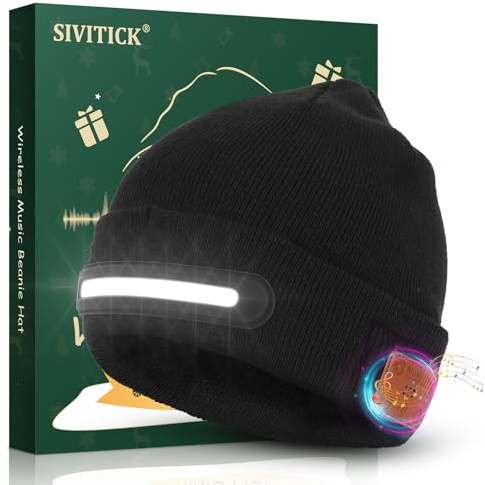 SIVITICK Bluetooth Beanie with Light, USB Rechargeable Tech Gift for Men & Adults Christmas Birthday Present for Him Wireless Music Winter Hat Stocking Filler for Teens Cool Gadgets Black