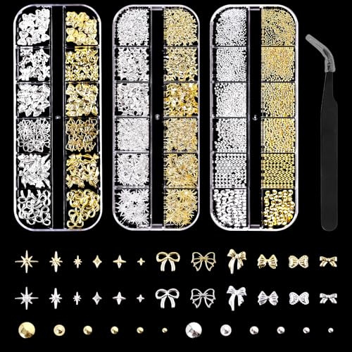 3 Schachteln Nail Charms, 36 Typen Charms Nägel, Nagel Steinie Set | Gold Silber Stern Schleifen Perle Nagelschmuck mit einer Pinzette, Nails Art Charms für Frauen Nageldesign Zubehör