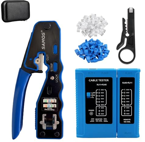 Crimpatrice RJ45 professionale con tester RJ45 e connettori - Kit completo con tester RJ45, strumento di crimpatura per connettori e terminali elettrici - ideale per reti Ethernet