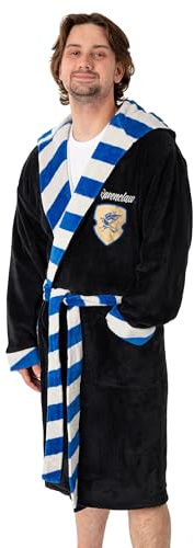 Harry Potter Ravenclaw Unisex Black & Blue Hooded Bathrobe | Cosy Fleece Material for Lounging & Bathing | Long Sleeve Retro Striped Design Merch - Large