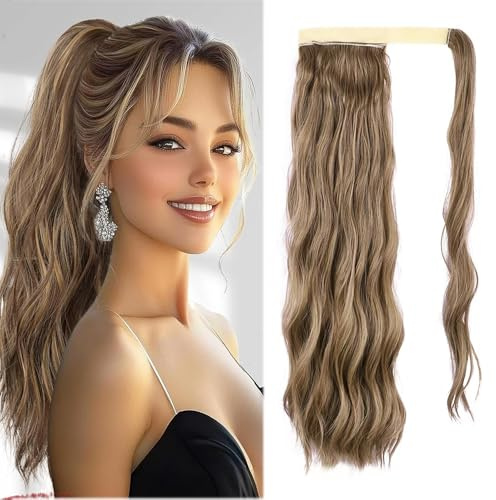 Pferdeschwanz Haarteil, Lang Wellig Wrap Around Ponytail Extension | Synthetik Clip in Haarteil Zopf Haarverlängerungen für Damen (12/24# braun & blond, lang)